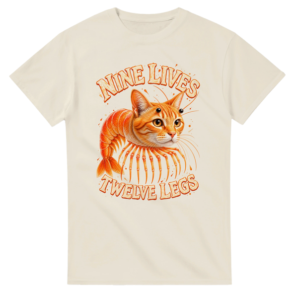 Natural t-shirt printed with Trippi Troppi and the words Nine lives, twelve legs, front view