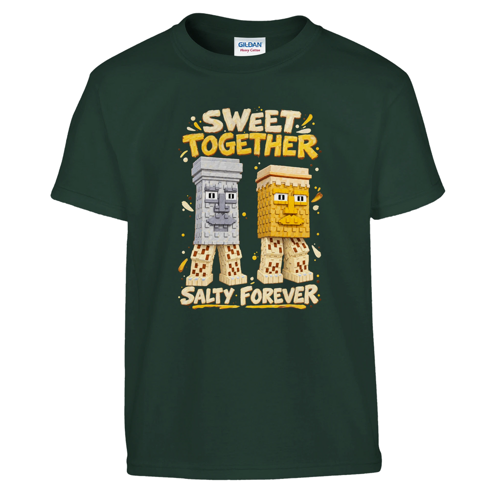 Garama and Madundung print on a forest green kids t-shirt, front view