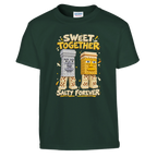 Garama and Madundung print on a forest green kids t-shirt, front view