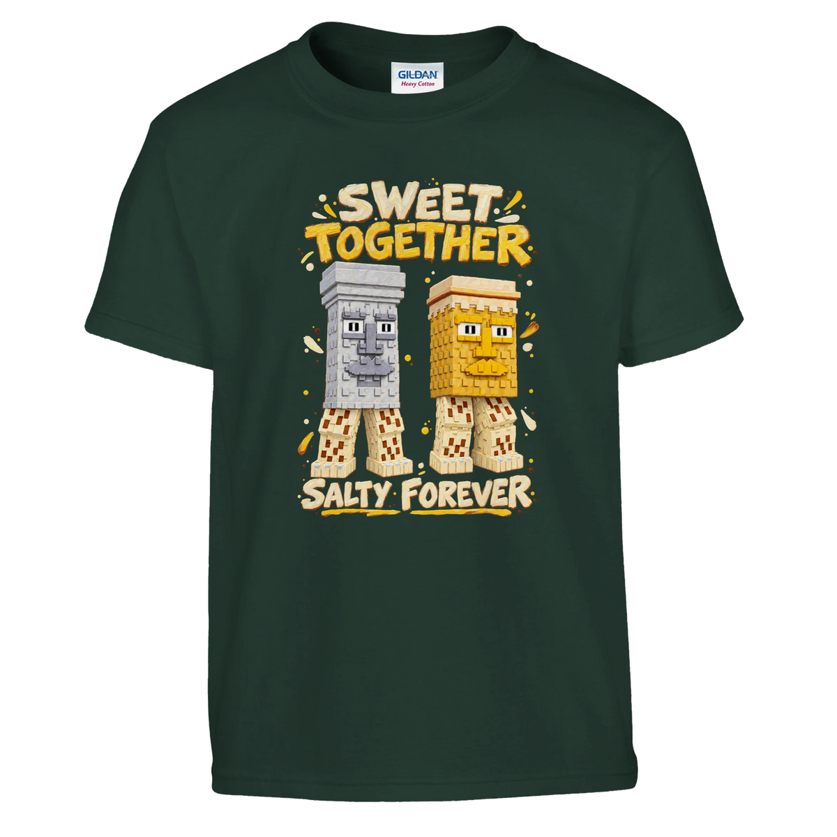 Garama and Madundung print on a forest green kids t-shirt, front view