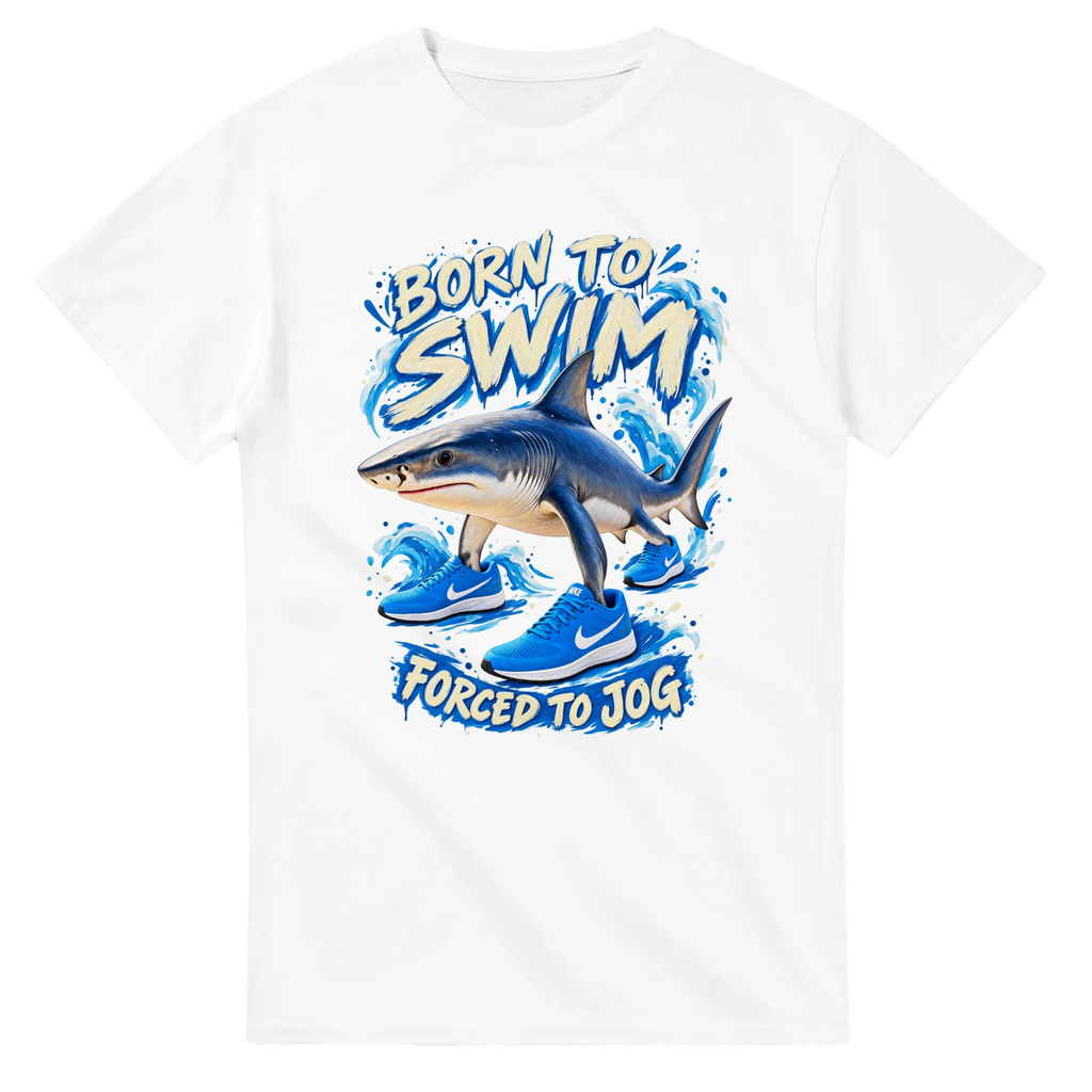 White t-shirt printed with Tralalero Tralala and the words Born to swim, forced to jog, front view