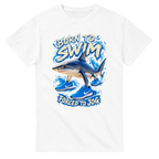 White t-shirt printed with Tralalero Tralala and the words Born to swim, forced to jog, front view
