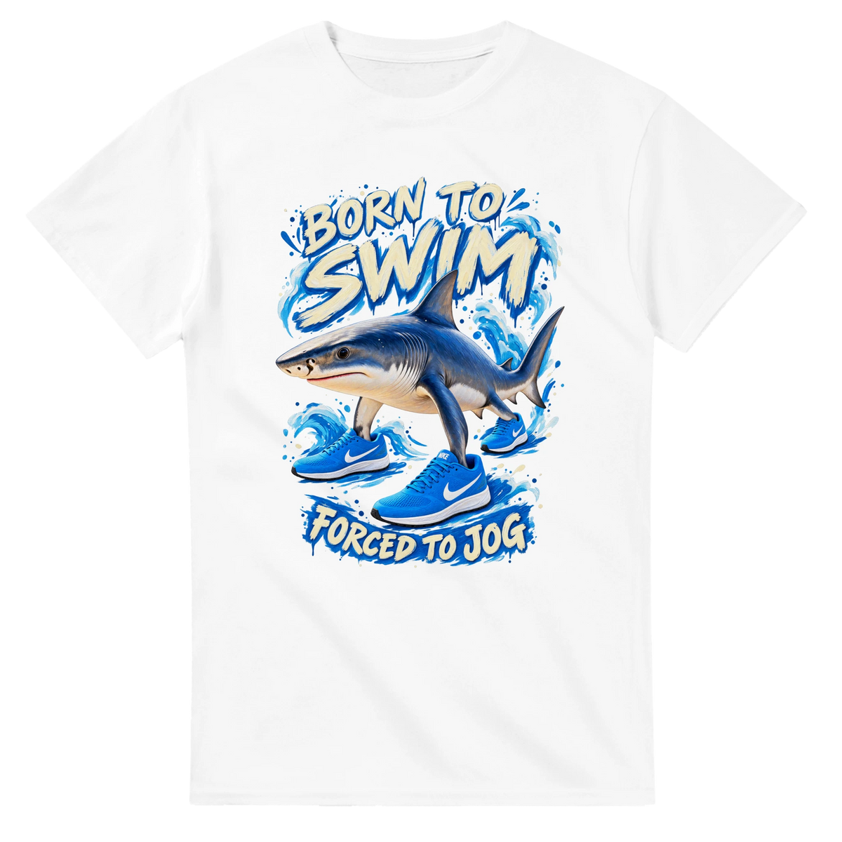 White t-shirt printed with Tralalero Tralala and the words Born to swim, forced to jog, front view