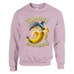 Bananita Dolphinita print on a light pink crewneck sweatshirt, front view