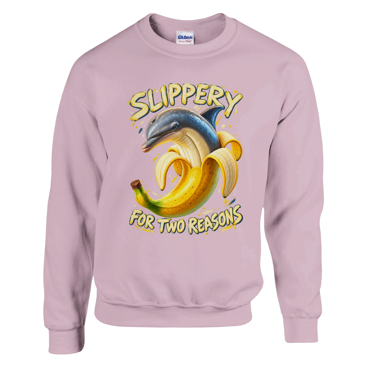 Bananita Dolphinita print on a light pink crewneck sweatshirt, front view