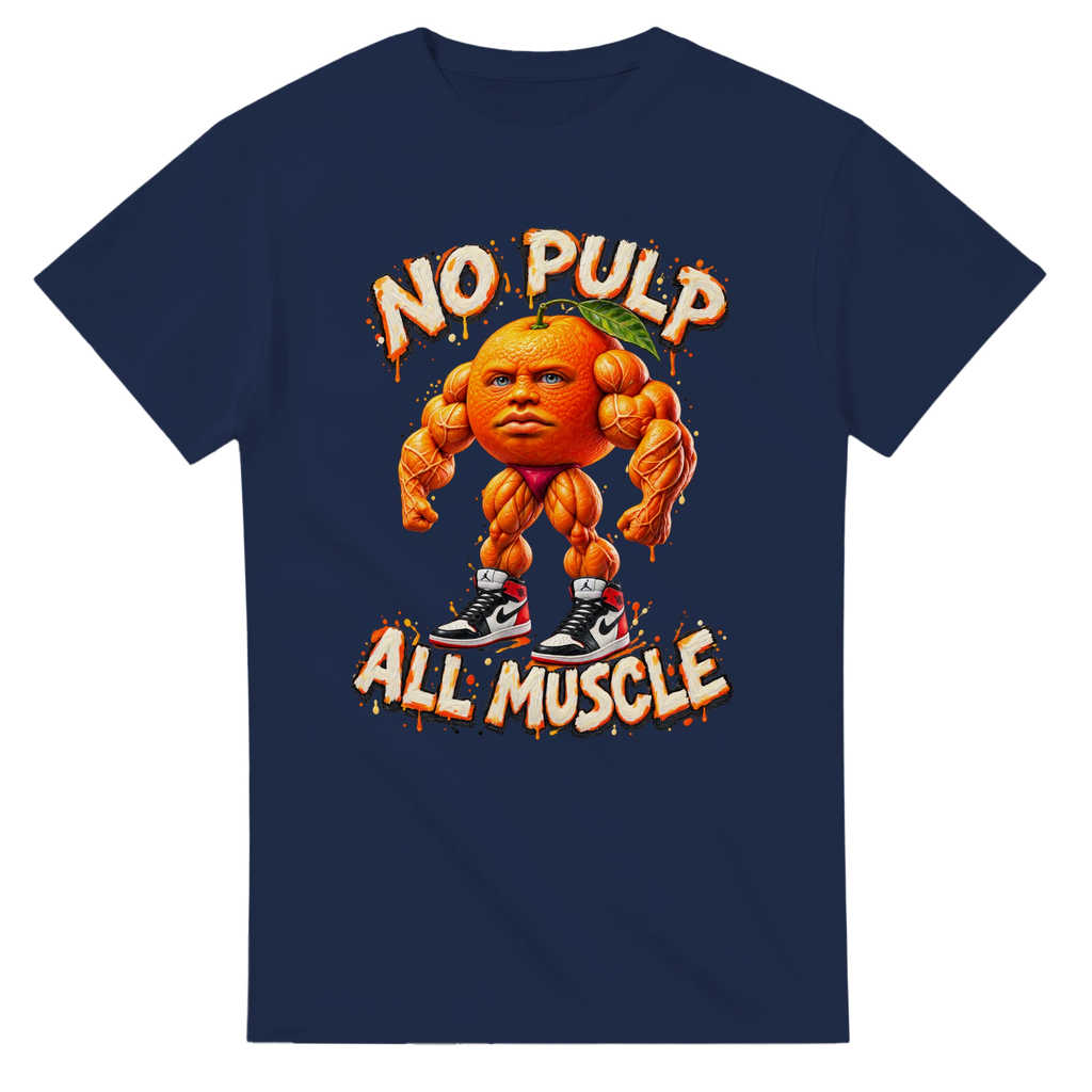 Navy t-shirt printed with Odin Din Din Dun and the words No pulp, all muscle, front view