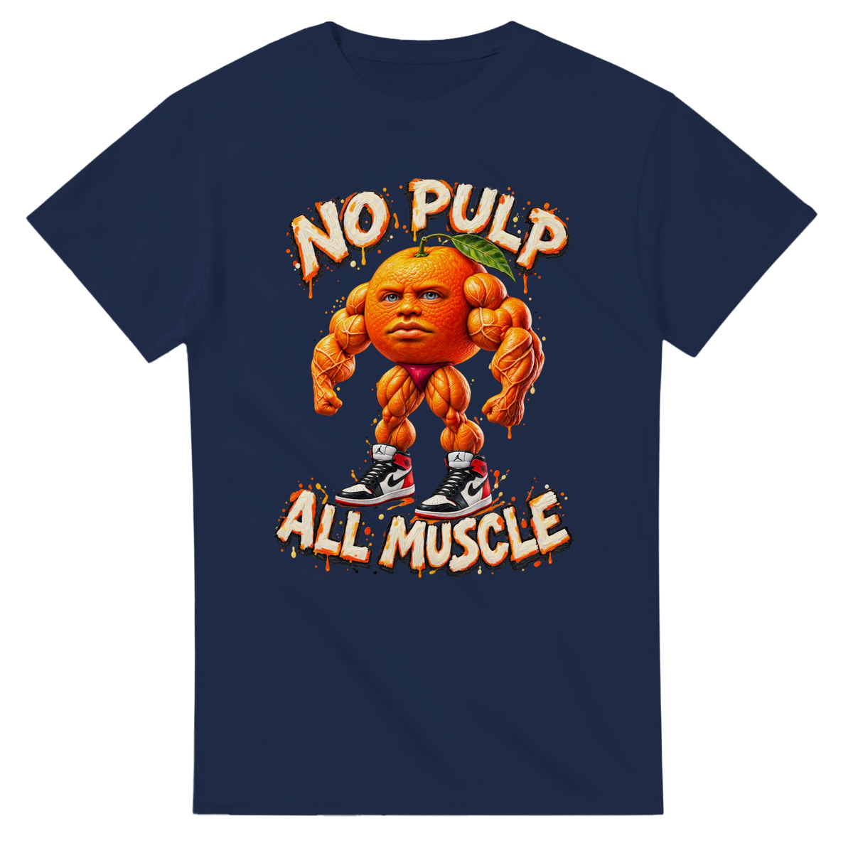 Navy t-shirt printed with Odin Din Din Dun and the words No pulp, all muscle, front view