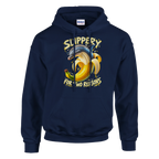 Bananita Dolphinita print on a navy pullover hoodie, front view