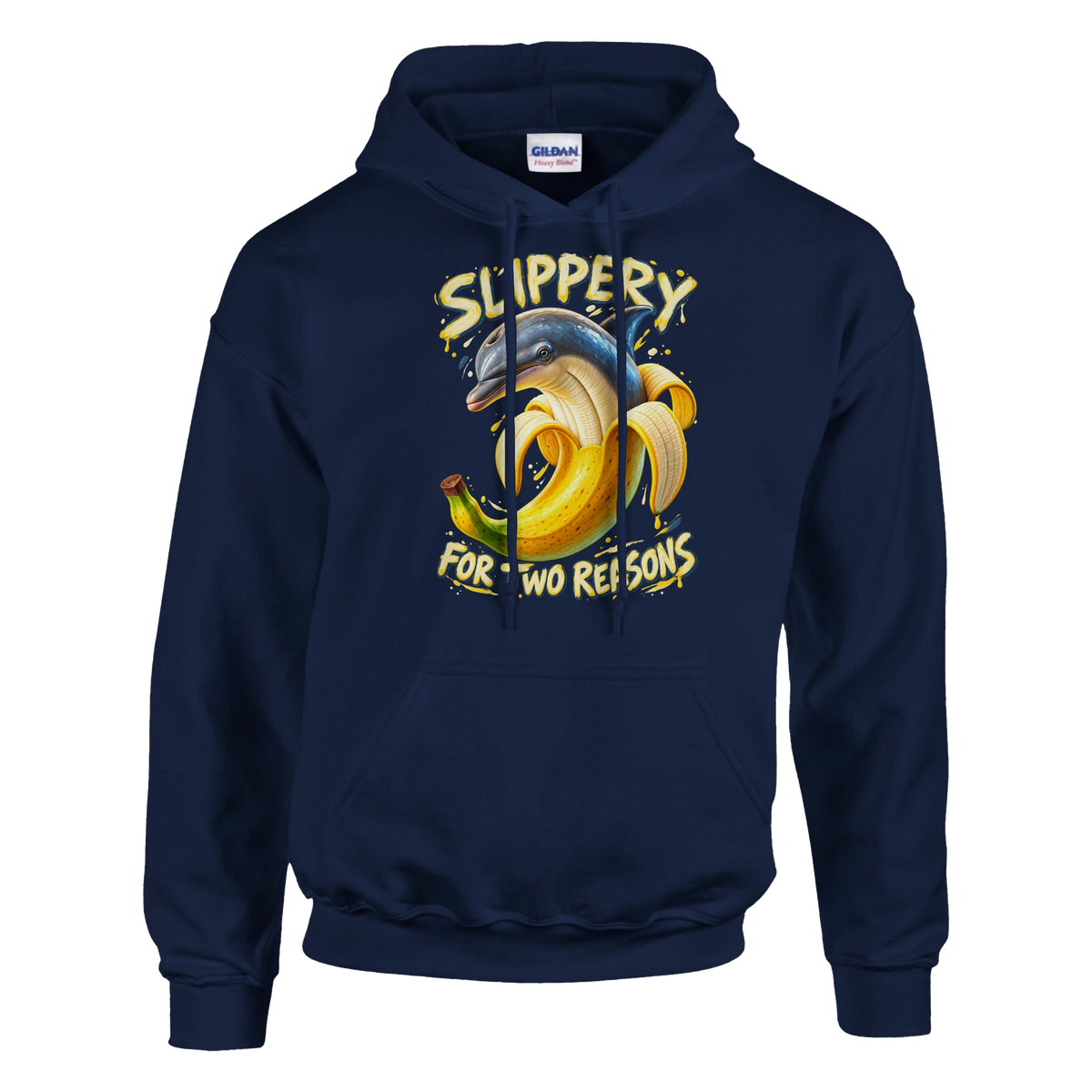 Bananita Dolphinita print on a navy pullover hoodie, front view