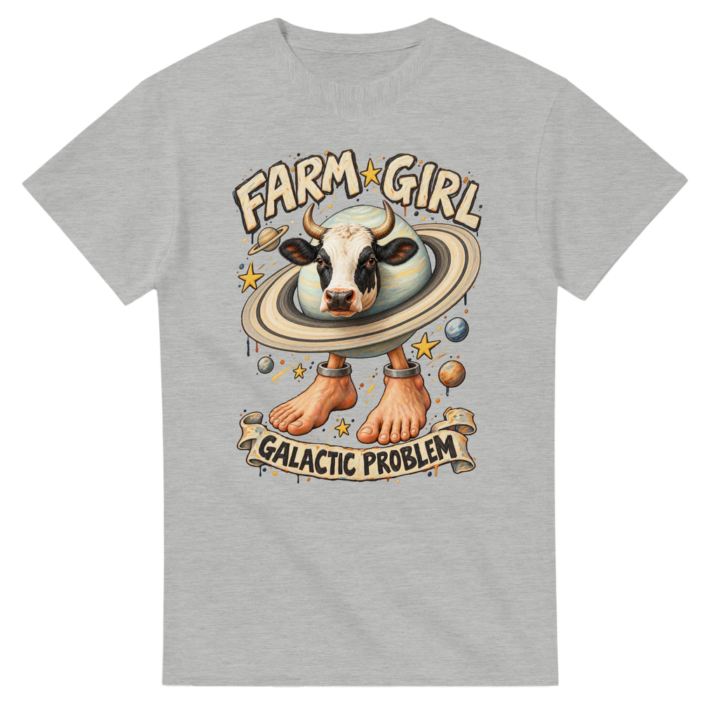 Ash t-shirt printed with La Vaca Saturno Saturnita and the words Farm girl, galactic problem, front view