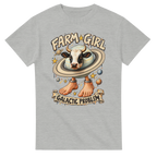 Ash t-shirt printed with La Vaca Saturno Saturnita and the words Farm girl, galactic problem, front view