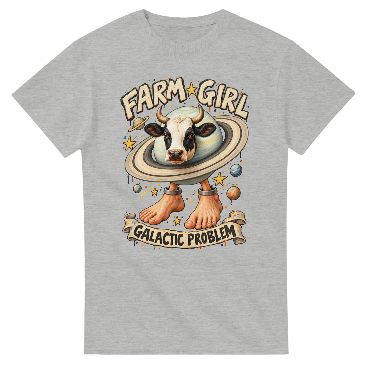 Ash t-shirt printed with La Vaca Saturno Saturnita and the words Farm girl, galactic problem, front view