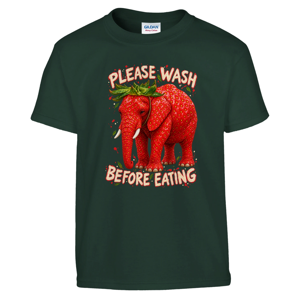 Strawberry Elephant print on a forest green kids t-shirt, front view