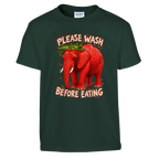 Strawberry Elephant print on a forest green kids t-shirt, front view