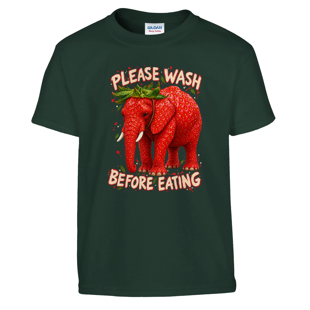 Strawberry Elephant print on a forest green kids t-shirt, front view
