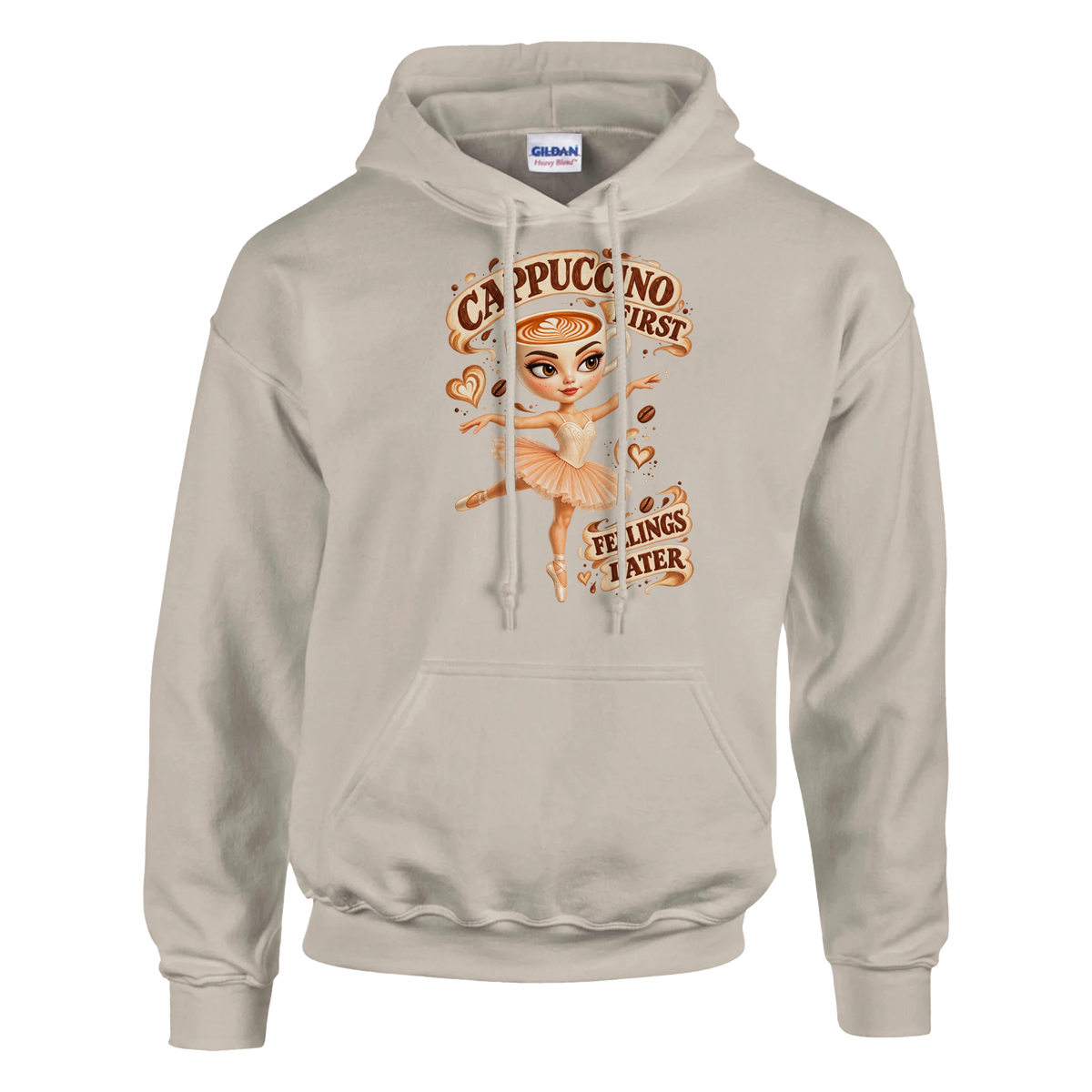 Ballerina Cappuccina print on a sand pullover hoodie, front view