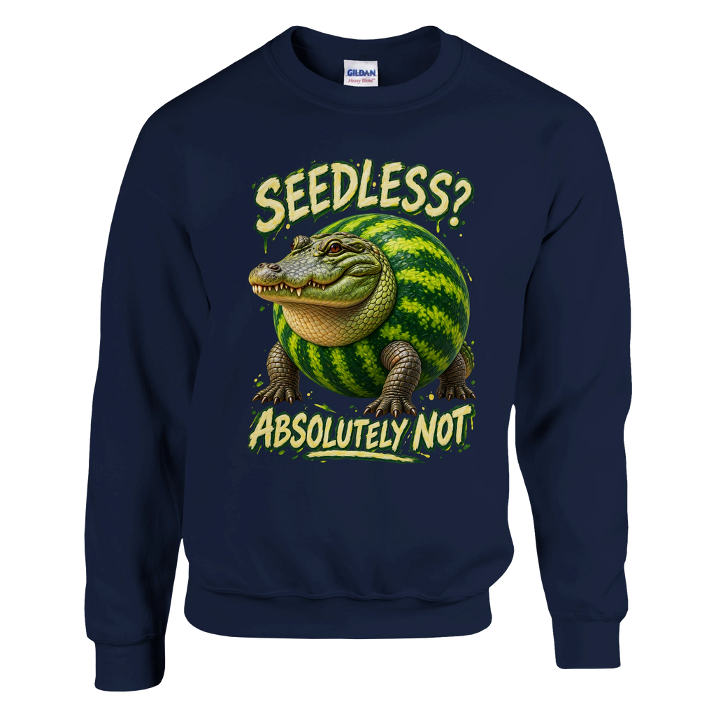 Glorbo Fruttodrillo print on a navy crewneck sweatshirt, front view
