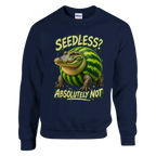 Glorbo Fruttodrillo print on a navy crewneck sweatshirt, front view