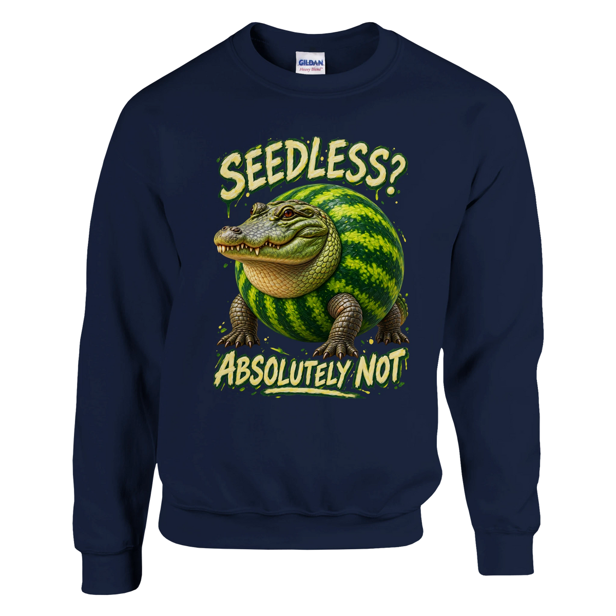 Glorbo Fruttodrillo print on a navy crewneck sweatshirt, front view