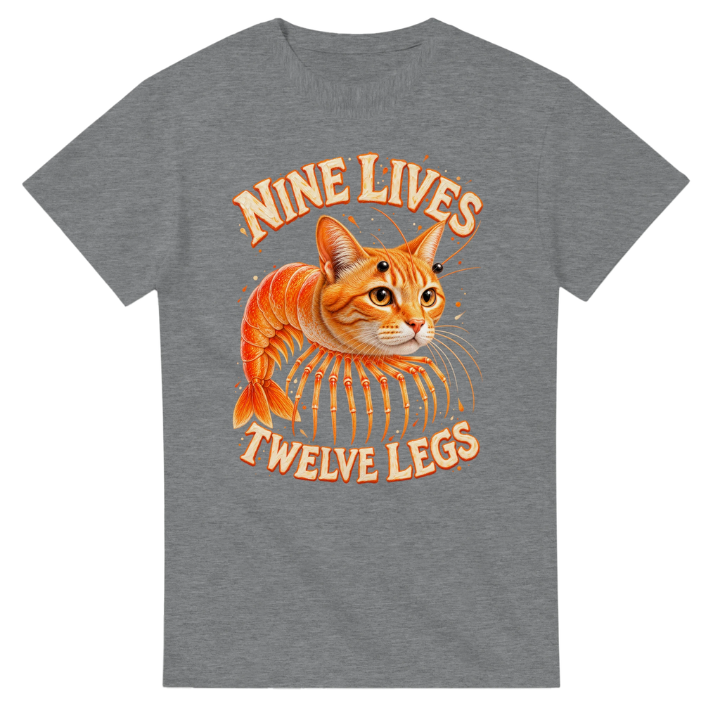 Sport Grey t-shirt printed with Trippi Troppi and the words Nine lives, twelve legs, front view