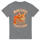 Sport Grey t-shirt printed with Trippi Troppi and the words Nine lives, twelve legs, front view