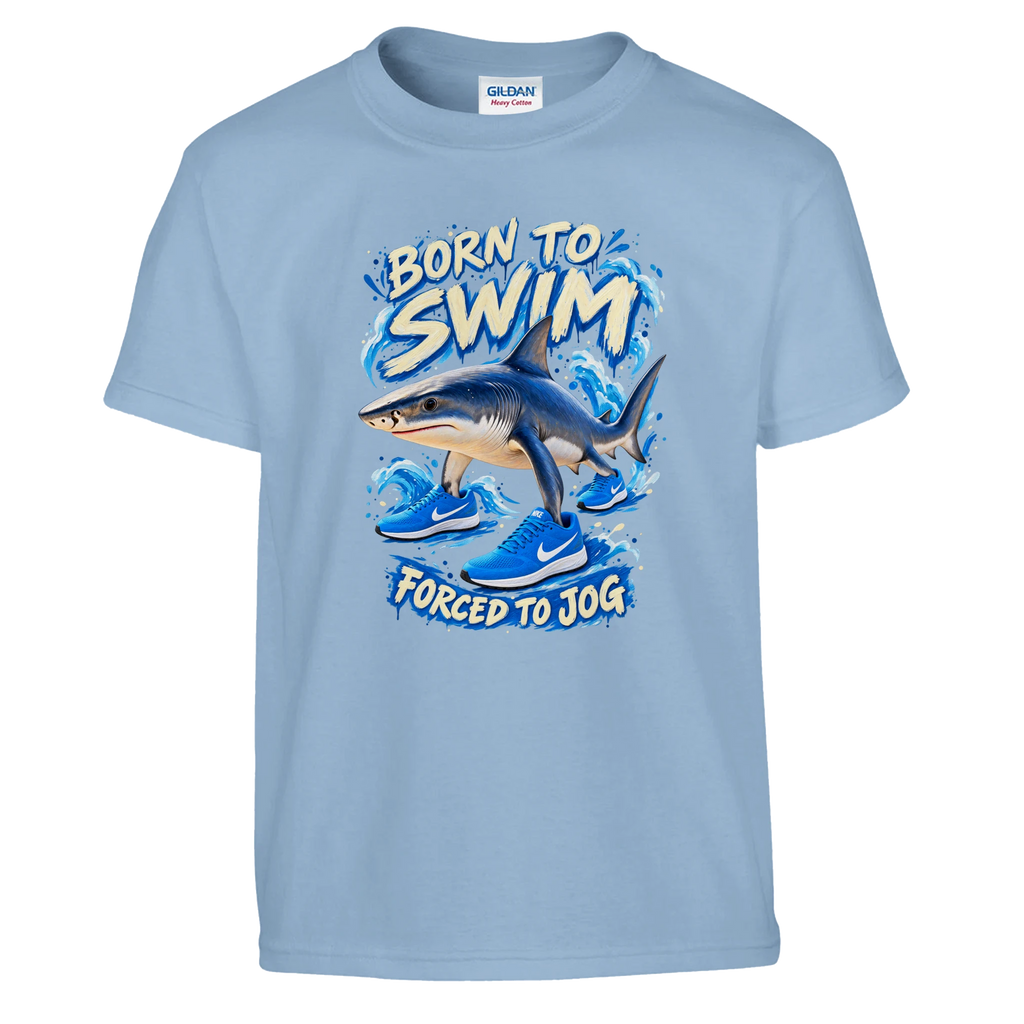 Tralalero Tralala print on a light blue kids t-shirt, front view