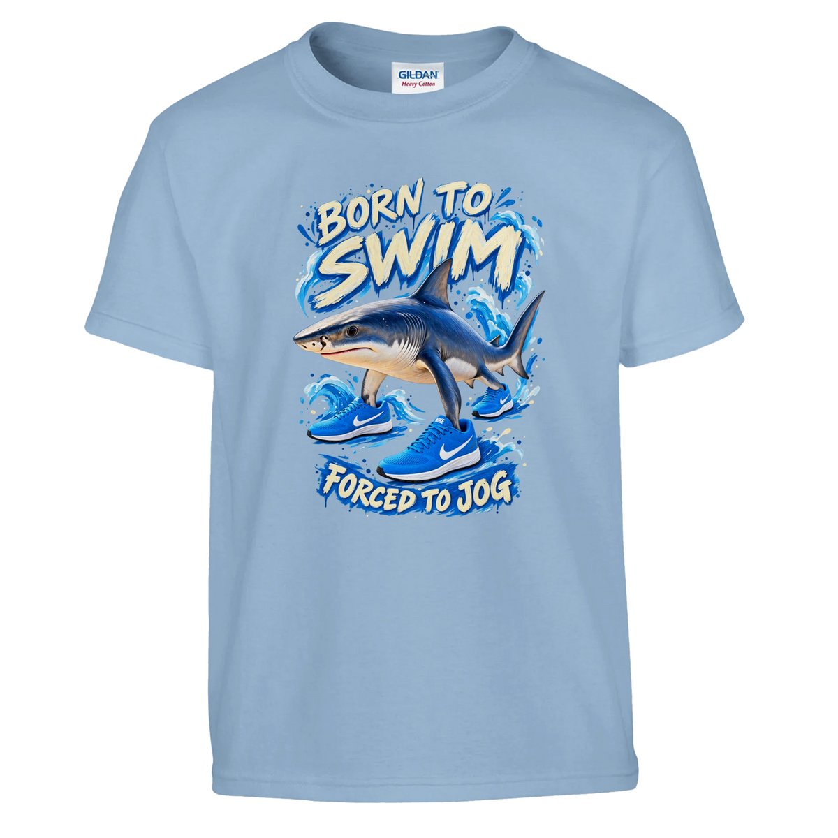 Tralalero Tralala print on a light blue kids t-shirt, front view