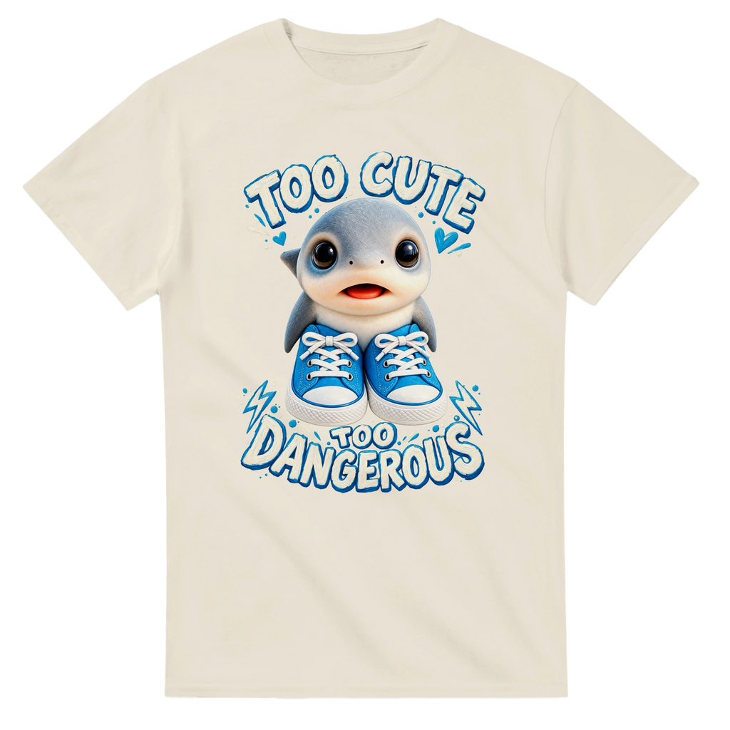 Natural t-shirt printed with Los Tralaleritos and the words Too cute, too dangerous, front view