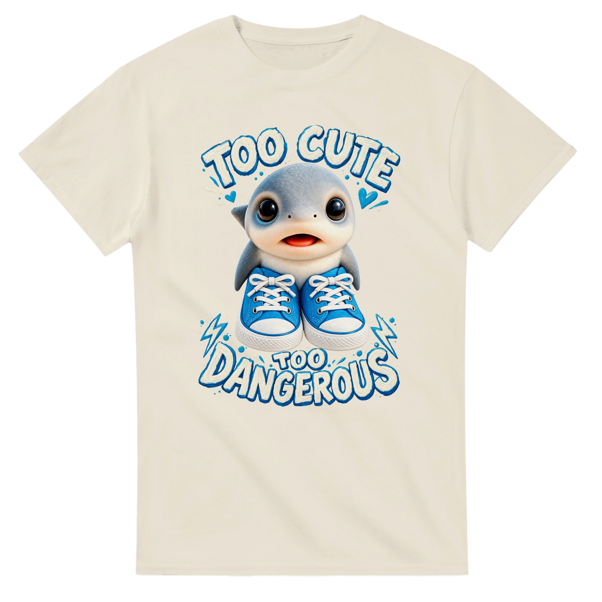 Natural t-shirt printed with Los Tralaleritos and the words Too cute, too dangerous, front view