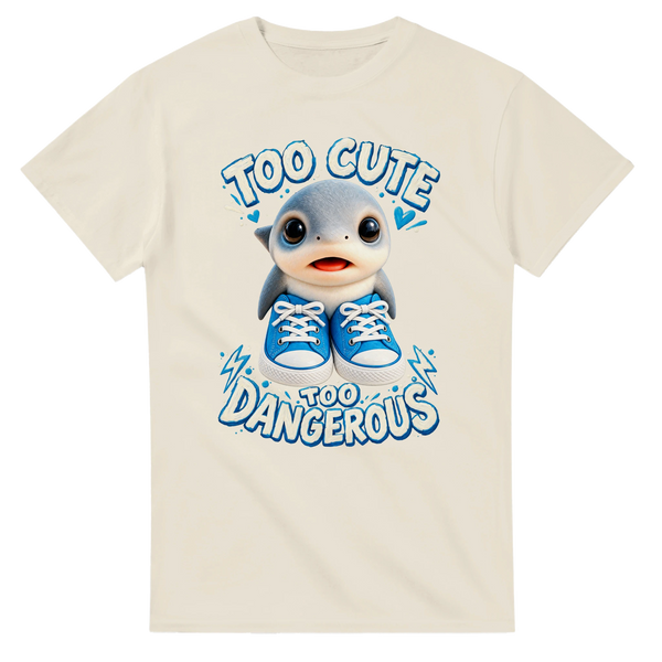 Natural t-shirt printed with Los Tralaleritos and the words Too cute, too dangerous, front view