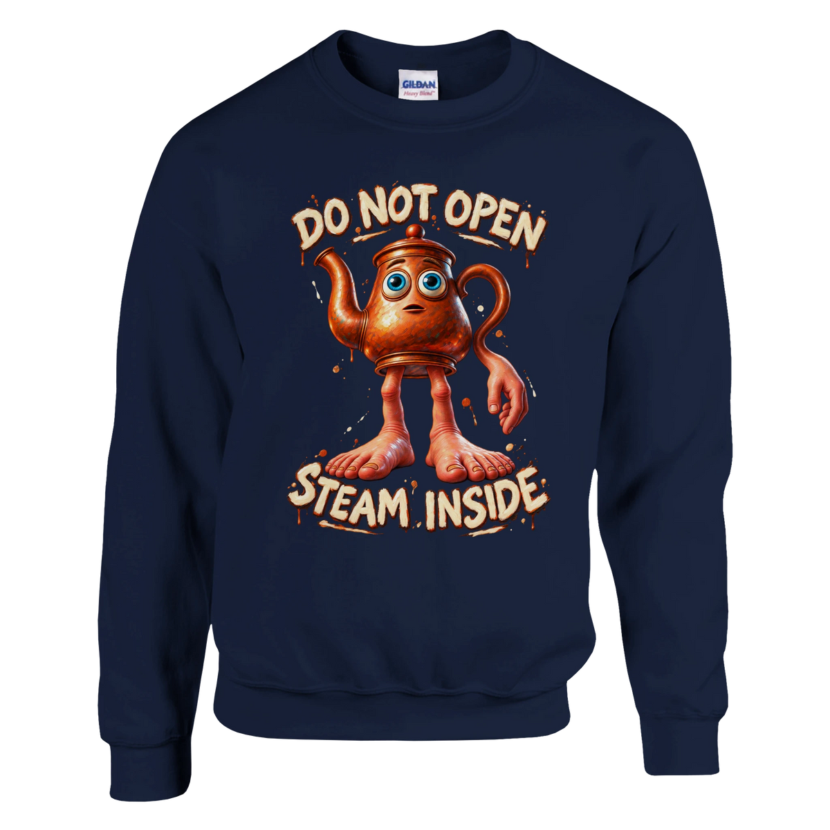 Ta Ta Ta Sahur print on a navy crewneck sweatshirt, front view