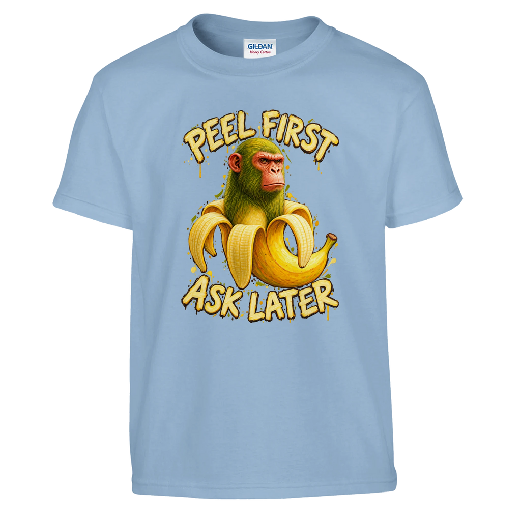Chimpanzini Bananini print on a light blue kids t-shirt, front view
