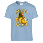 Chimpanzini Bananini print on a light blue kids t-shirt, front view