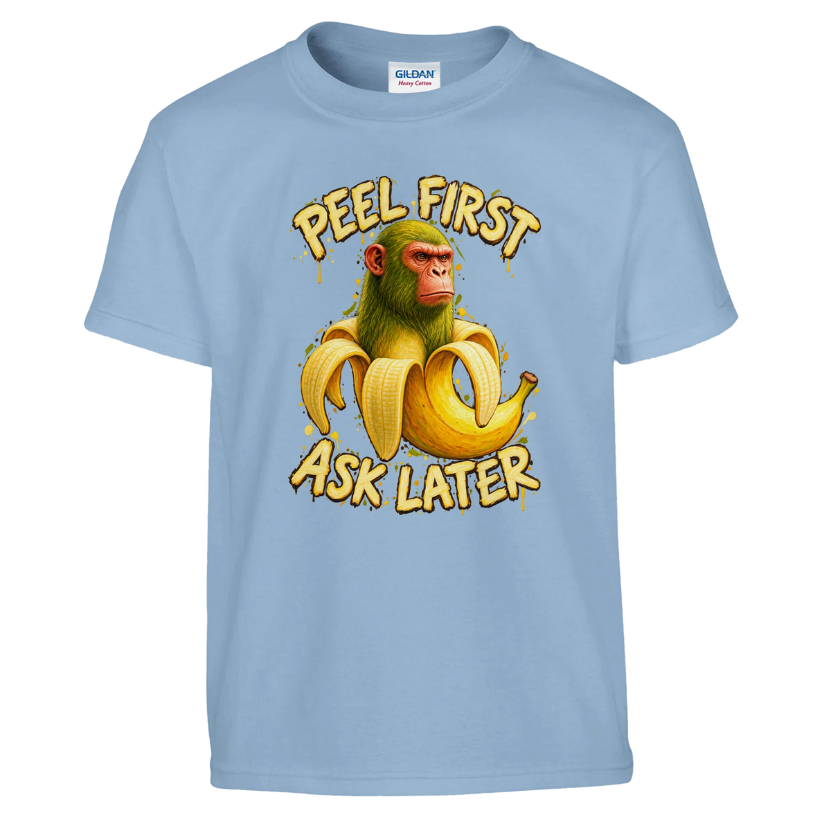 Chimpanzini Bananini print on a light blue kids t-shirt, front view