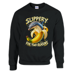 Bananita Dolphinita print on a black crewneck sweatshirt, front view