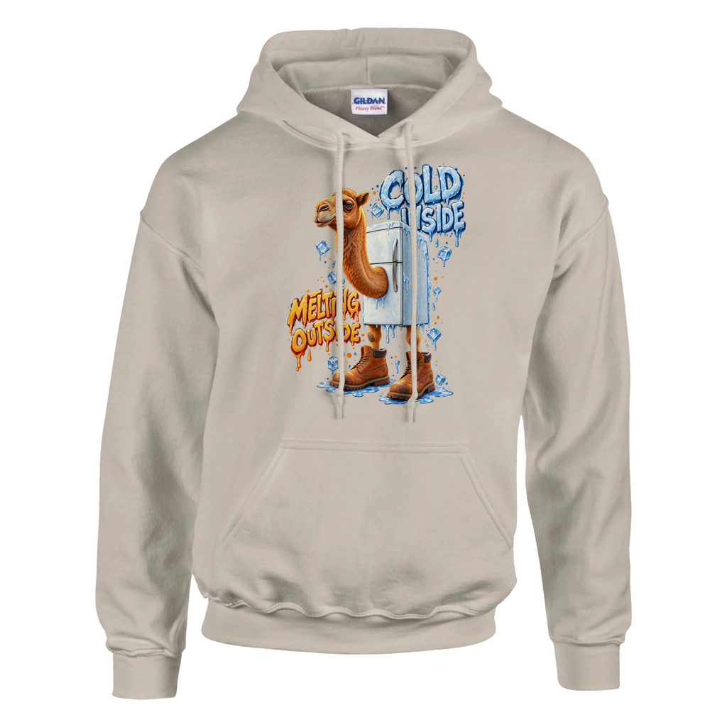 Frigo Camelo print on a sand pullover hoodie, front view