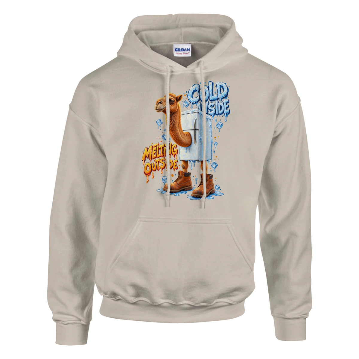 Frigo Camelo print on a sand pullover hoodie, front view