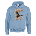 Bombombini Gusini print on a light blue pullover hoodie, front view