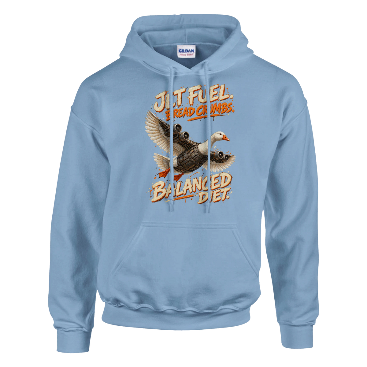 Bombombini Gusini print on a light blue pullover hoodie, front view