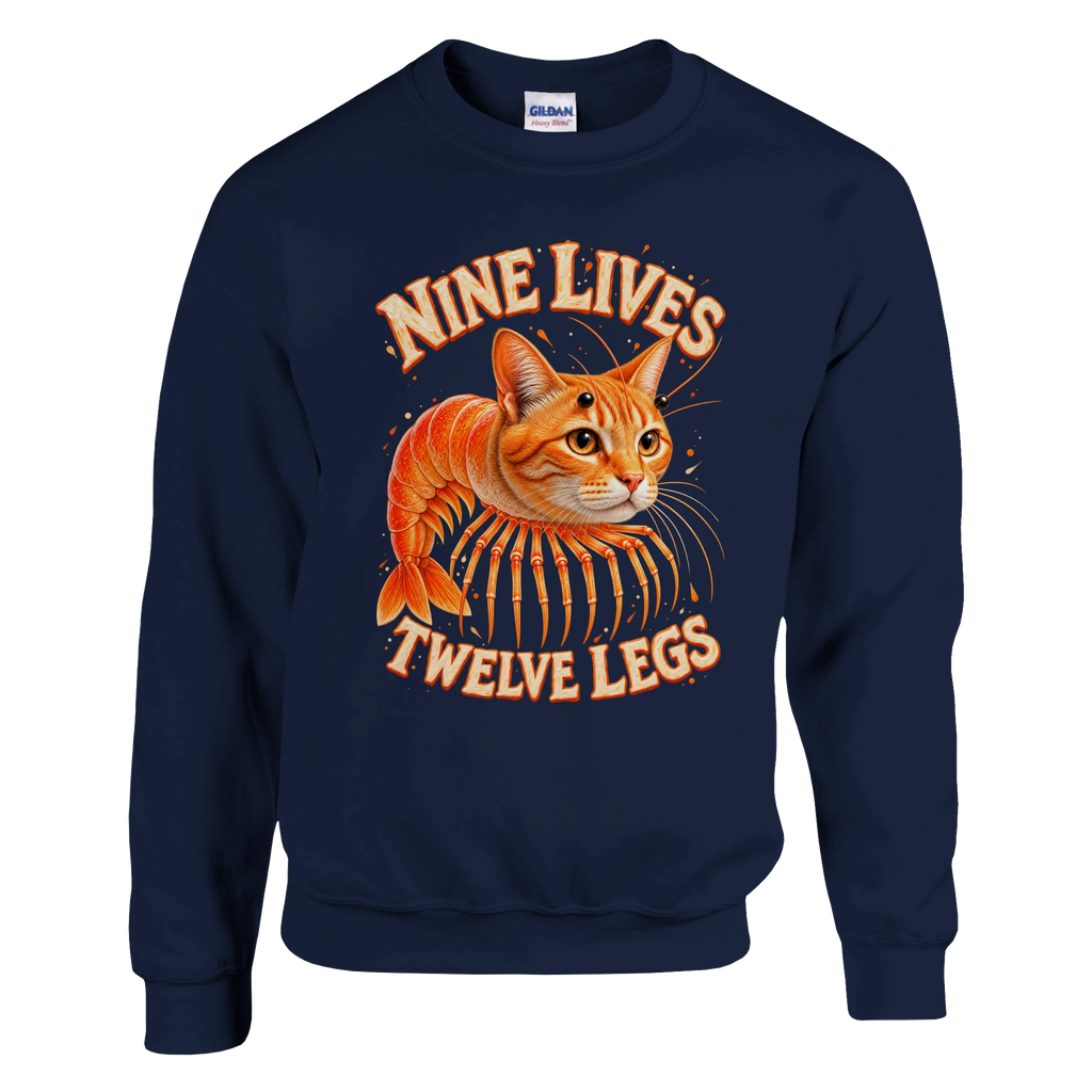 Trippi Troppi print on a navy crewneck sweatshirt, front view