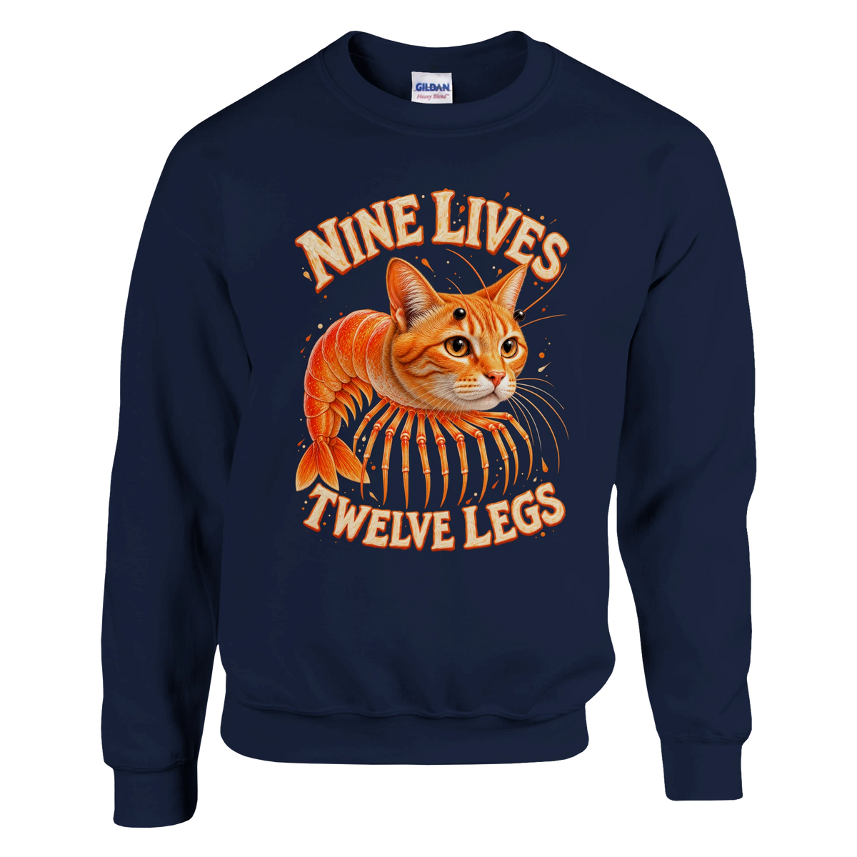 Trippi Troppi print on a navy crewneck sweatshirt, front view