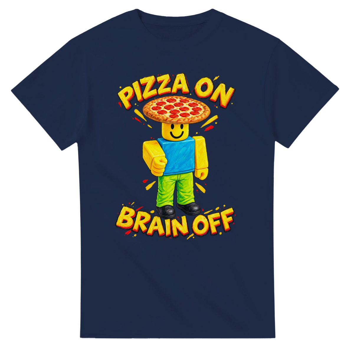Navy t-shirt printed with Noobini Pizzanini and the words Pizza on, brain off, front view