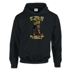 Boneca Ambalabu print on a black pullover hoodie, front view