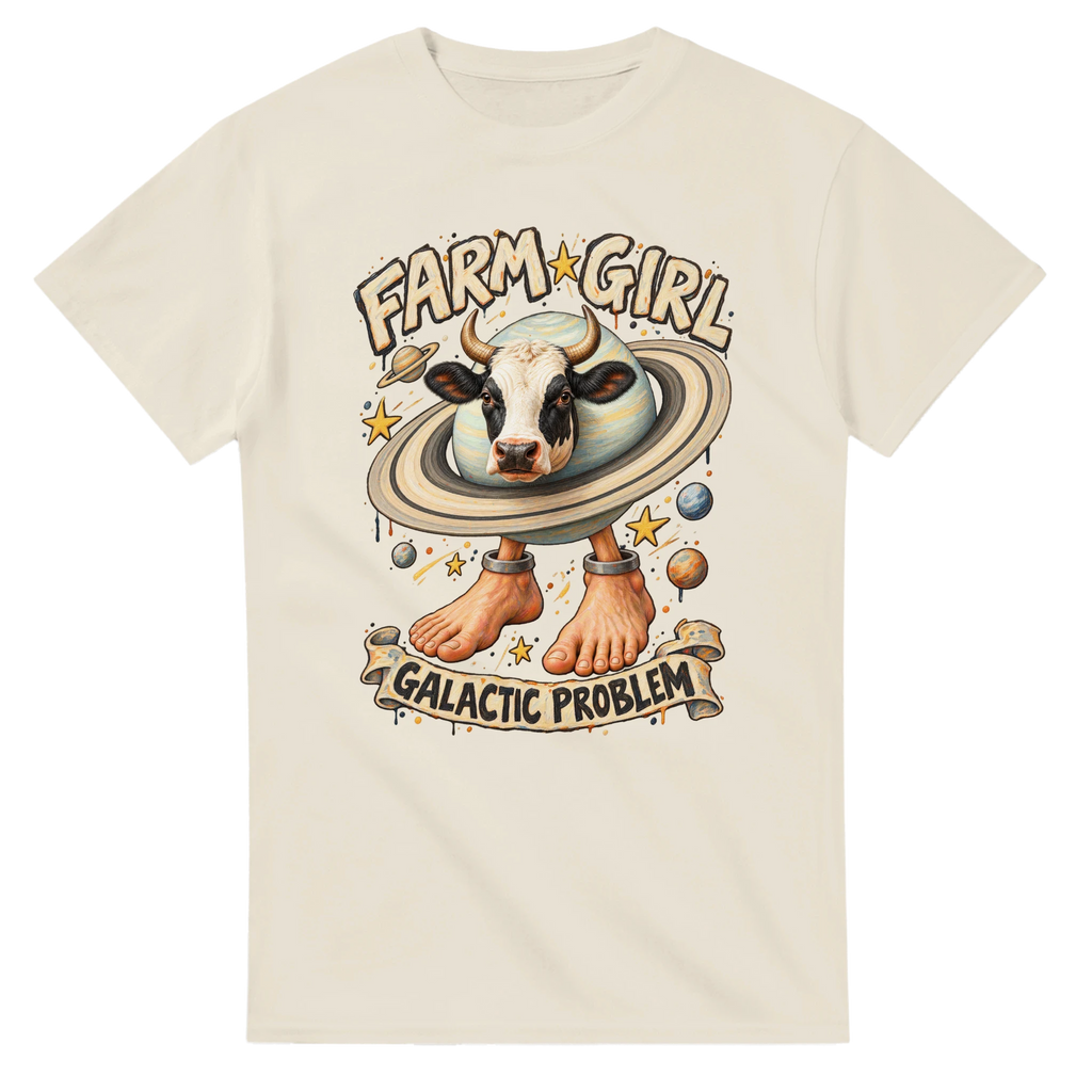 Natural t-shirt printed with La Vaca Saturno Saturnita and the words Farm girl, galactic problem, front view