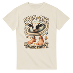 Natural t-shirt printed with La Vaca Saturno Saturnita and the words Farm girl, galactic problem, front view
