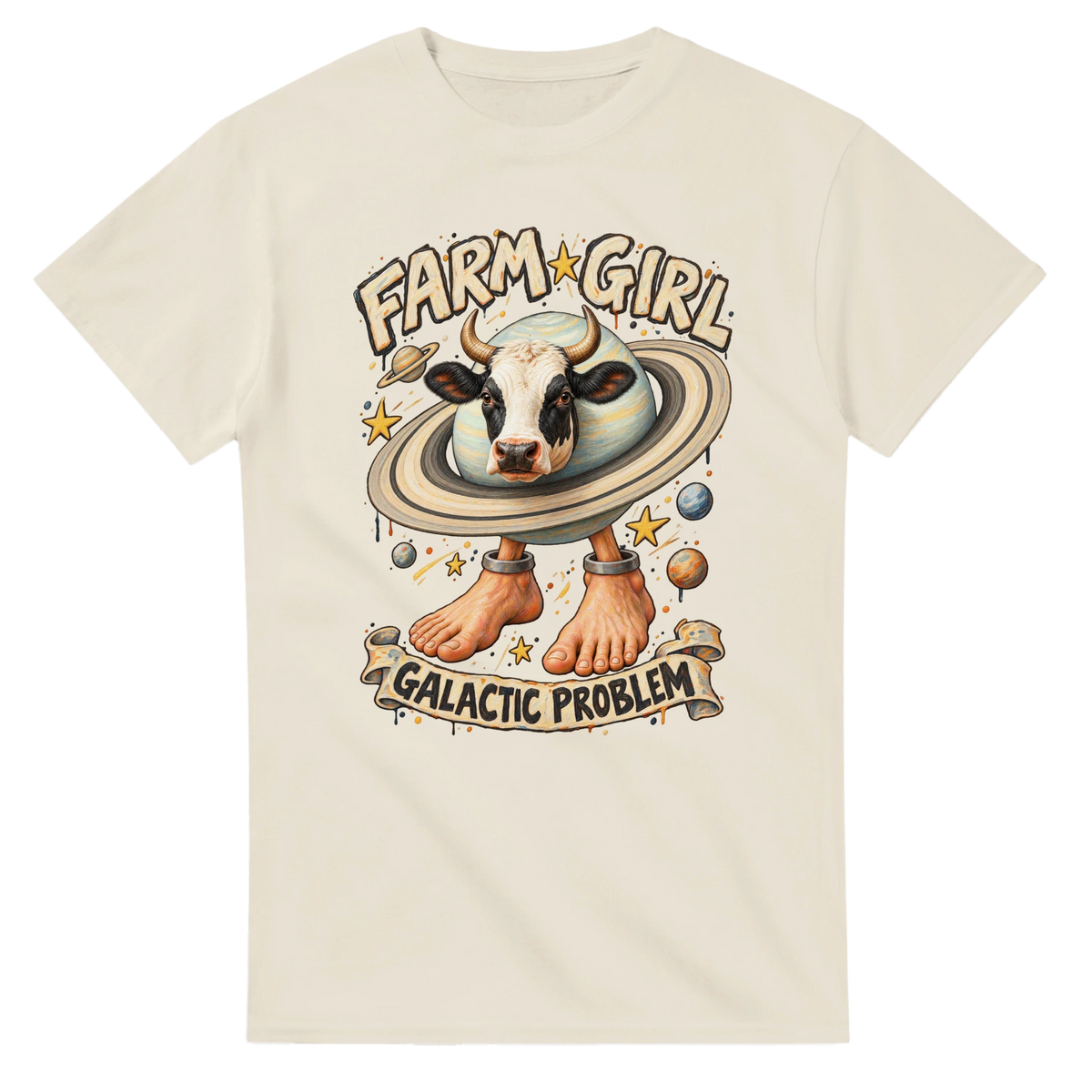 Natural t-shirt printed with La Vaca Saturno Saturnita and the words Farm girl, galactic problem, front view
