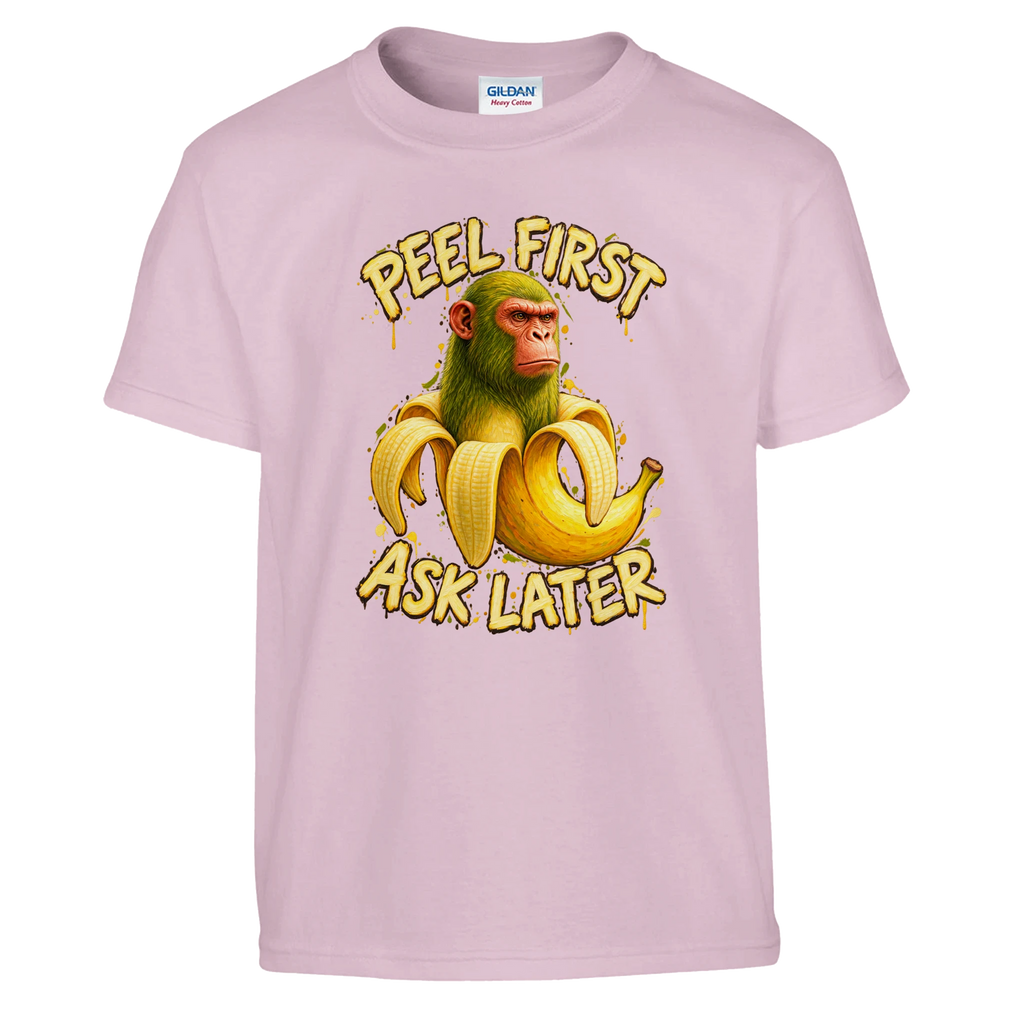 Chimpanzini Bananini print on a light pink kids t-shirt, front view