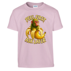Chimpanzini Bananini print on a light pink kids t-shirt, front view