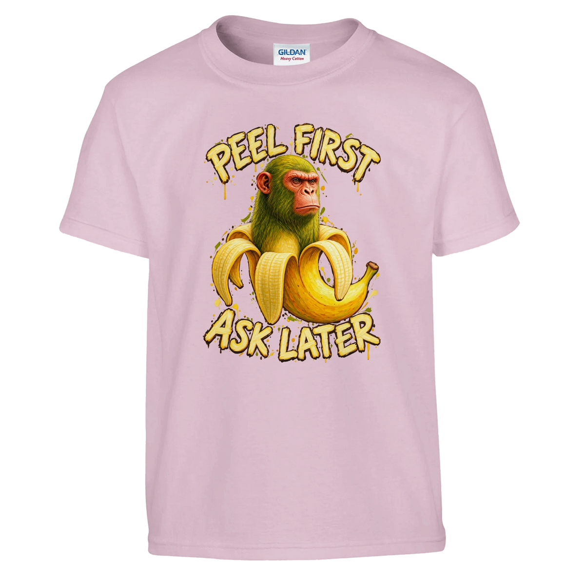 Chimpanzini Bananini print on a light pink kids t-shirt, front view
