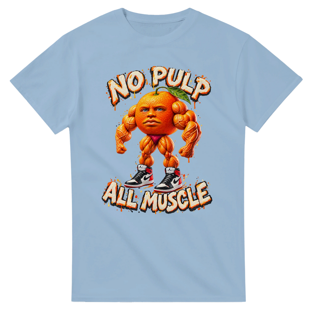 Light Blue t-shirt printed with Odin Din Din Dun and the words No pulp, all muscle, front view